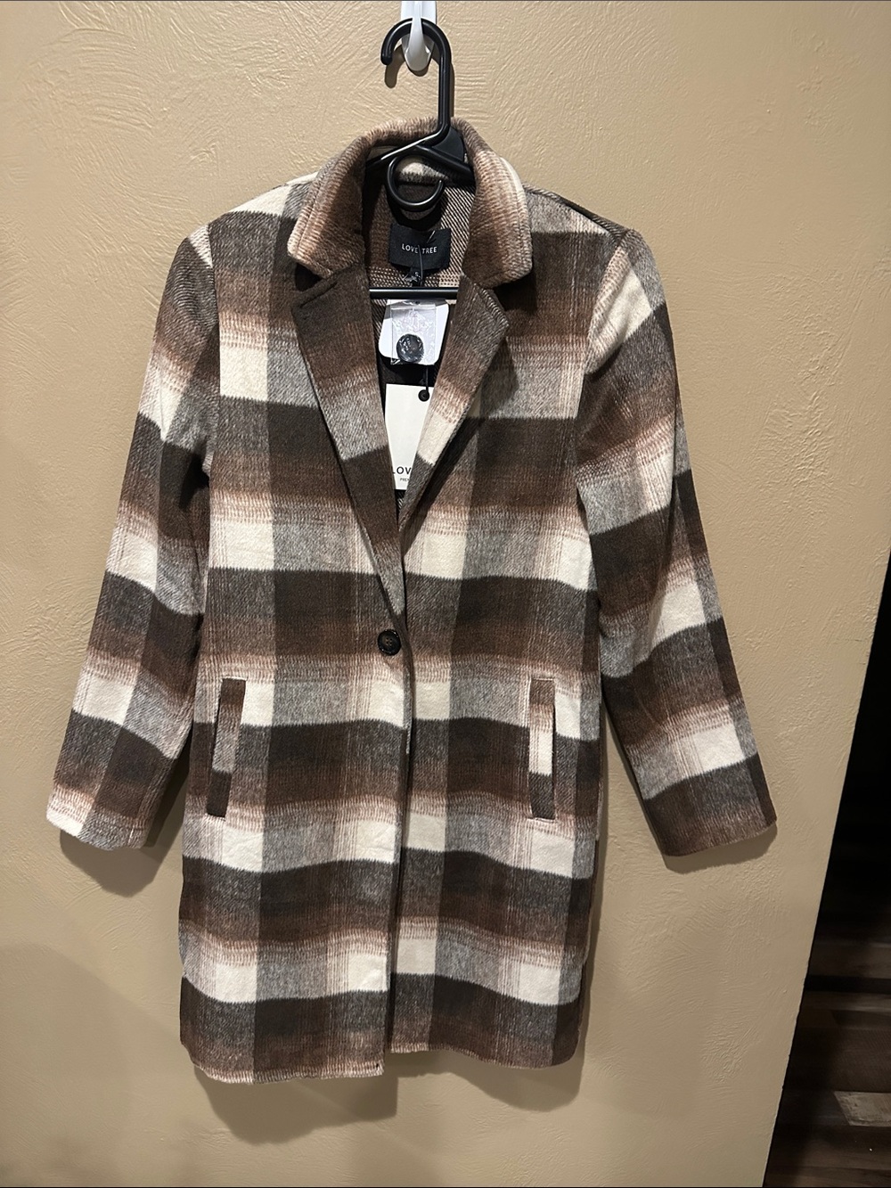 Love Tree Brown & Cream Plaid Single-Button Pea Coat